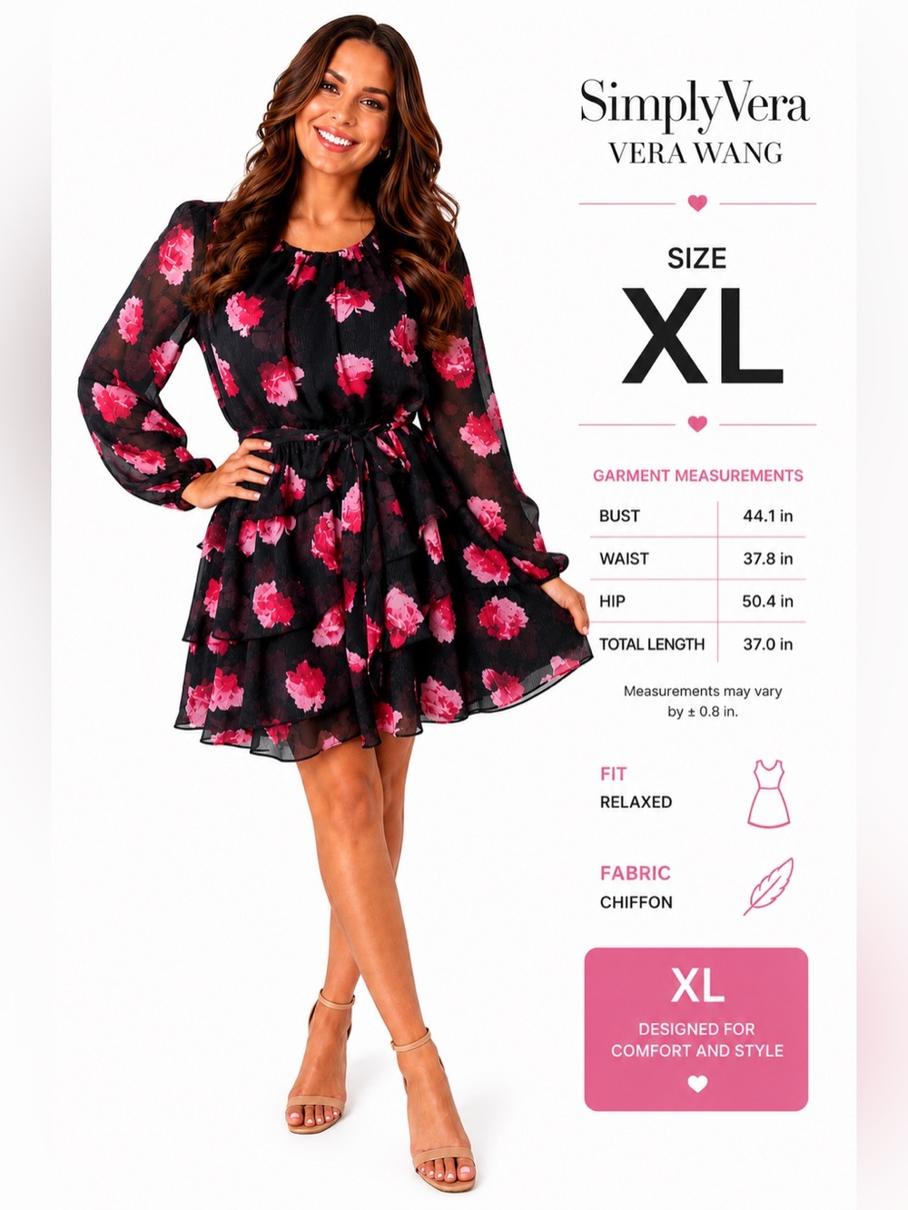 Simply Vera Vera Wang Floral Chiffon Tiered Dress XL Pink Black